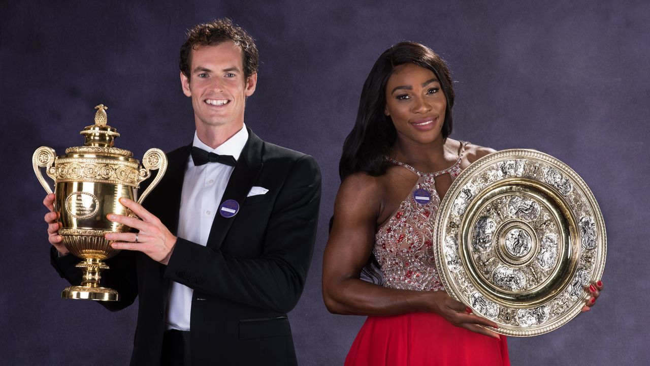 LONDON, ENGLAND - JULY 10: (EDITORS NOTE: This is a composite images and has been retouched) (EDITORIAL USE ONLY - NO COMMERCIAL USAGE) Wimbledon men's singles Tennis Champion Andy Murray of Great Britain and the ladies singles Tennis Champion Serena Williams of the United States pose with the trophies at the Wimbledon Champions Dinner 2016 at the Guild Hall on July 10, 2016 in London, England.
