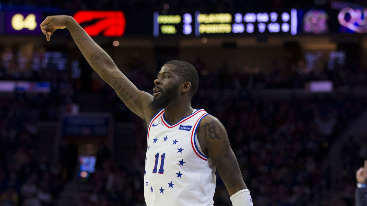 PHILADELPHIA, PA - MAY 05: James Ennis III #11 of the Philadelphia 76ers shoots the ball against the Toronto Raptors in Game Four of the Eastern Conference Semifinals at the Wells Fargo Center on May 5, 2019 in Philadelphia, Pennsylvania. The Raptors defeated the 76ers 101-96.