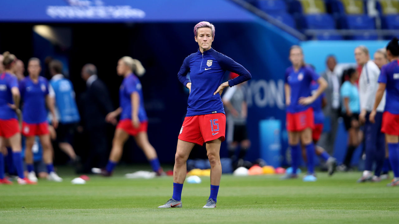 LYON, FRANCE - JULY 02: Megan Rapinoe of the USA looks on during the warm up prior to the 2019 FIFA Women's World Cup France Semi Final match between England and USA at Stade de Lyon on July 02, 2019 in Lyon, France.