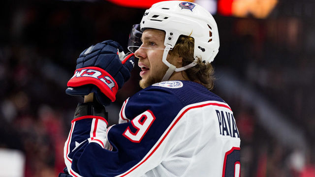 OTTAWA, ON - APRIL 06: Columbus Blue Jackets Left Wing Artemi Panarin (9) during warm-up before National Hockey League action between the Columbus Blue Jackets and Ottawa Senators on April 6, 2019, at Canadian Tire Centre in Ottawa, ON, Canada.