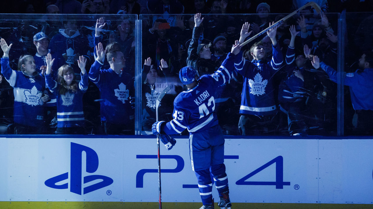 TORONTO, ON - FEBRUARY 10: Nazem Kadri #43 of the Toronto Maple Leafs throws a stick to the crowd after being named on of the games stars against the Ottawa Senators the Air Canada Centre on February 10, 2018 in Toronto, Ontario, Canada.