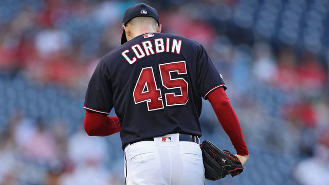 WASHINGTON, DC - JULY 02: Starting pitcher Patrick Corbin #45 of the Washington Nationals looks on in the first inning against the Miami Marlins at Nationals Park on July 02, 2019 in Washington, DC. Corbin was wearing #45 in memory of pitcher Tyler Skaggs of the Los Angeles Angels who was found dead on July 1, 2019.