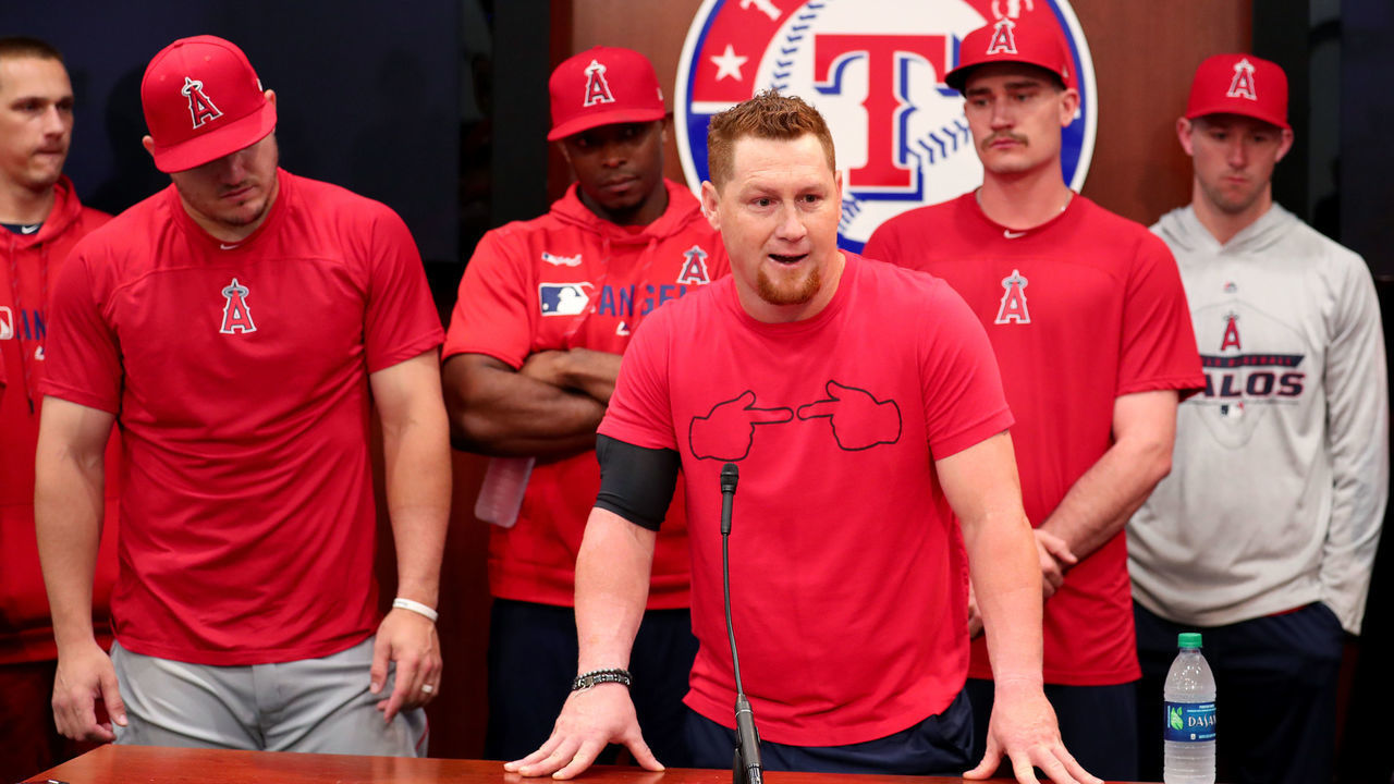 ARLINGTON, TEXAS - JULY 02: Kole Calhoun #56 of the Los Angeles Angels talks with the media about the death of teammate Tyler Skaggs at Globe Life Park in Arlington on July 02, 2019 in Arlington, Texas.