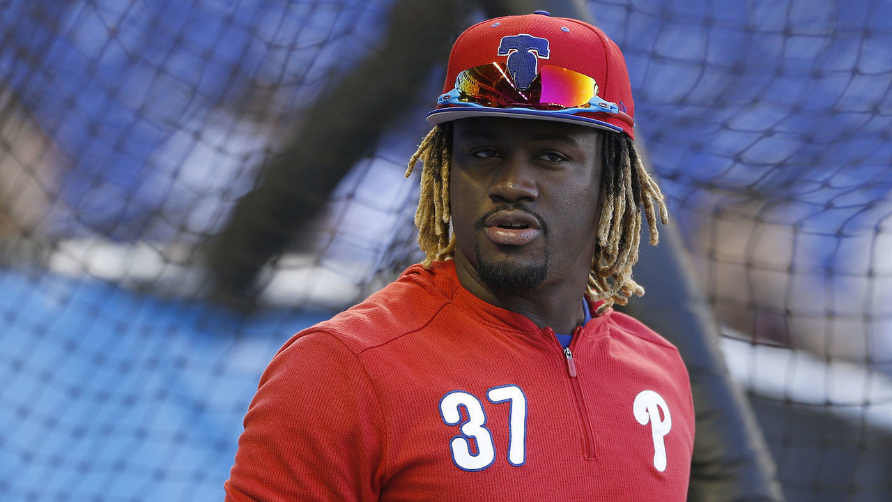 MIAMI, FLORIDA - APRIL 12: Odubel Herrera #37 of the Philadelphia Phillies looks on during batting practice prior to the game against the Miami Marlins at Marlins Park on April 12, 2019 in Miami, Florida.