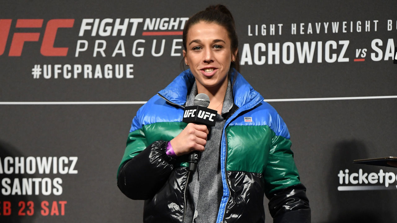 PRAGUE, CZECH REPUBLIC - FEBRUARY 22: Joanna Jedrzejczyk interacts with fans during a Q&A session prior to the UFC Fight Night weigh-in at O2 arena on February 22, 2019 in Prague, Czech Republic.