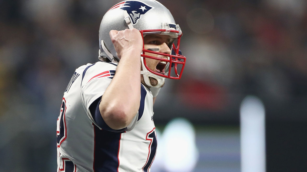 ATLANTA, GA - FEBRUARY 03: Tom Brady #12 of the New England Patriots reacts after the New England Patriots score a touchdown in the fourth quarter during Super Bowl LIII against the Los Angeles Rams at Mercedes-Benz Stadium on February 3, 2019 in Atlanta, Georgia.