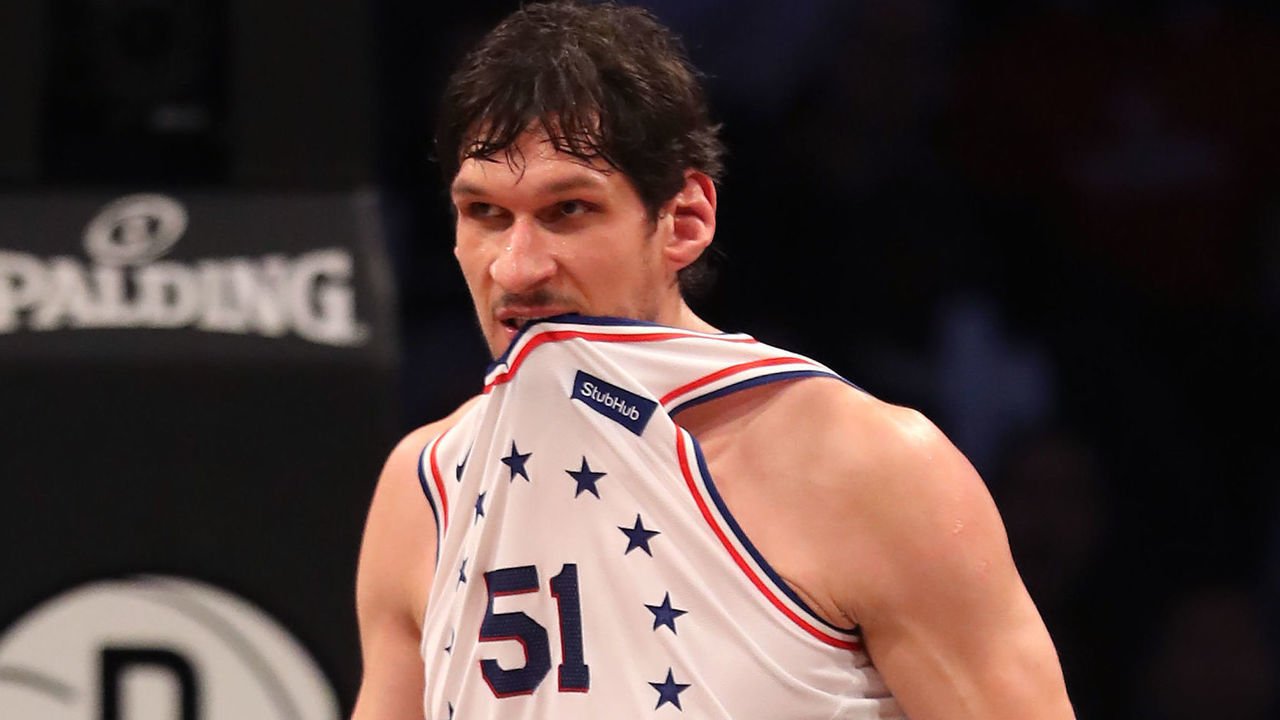 NEW YORK, NEW YORK - APRIL 18: Boban Marjanovic #51 of the Philadelphia 76ers reacts in the third quarter against the Brooklyn Nets during game three of Round One of the 2019 NBA Playoffs at Barclays Center on April 18, 2019 in the Brooklyn borough of New York City.