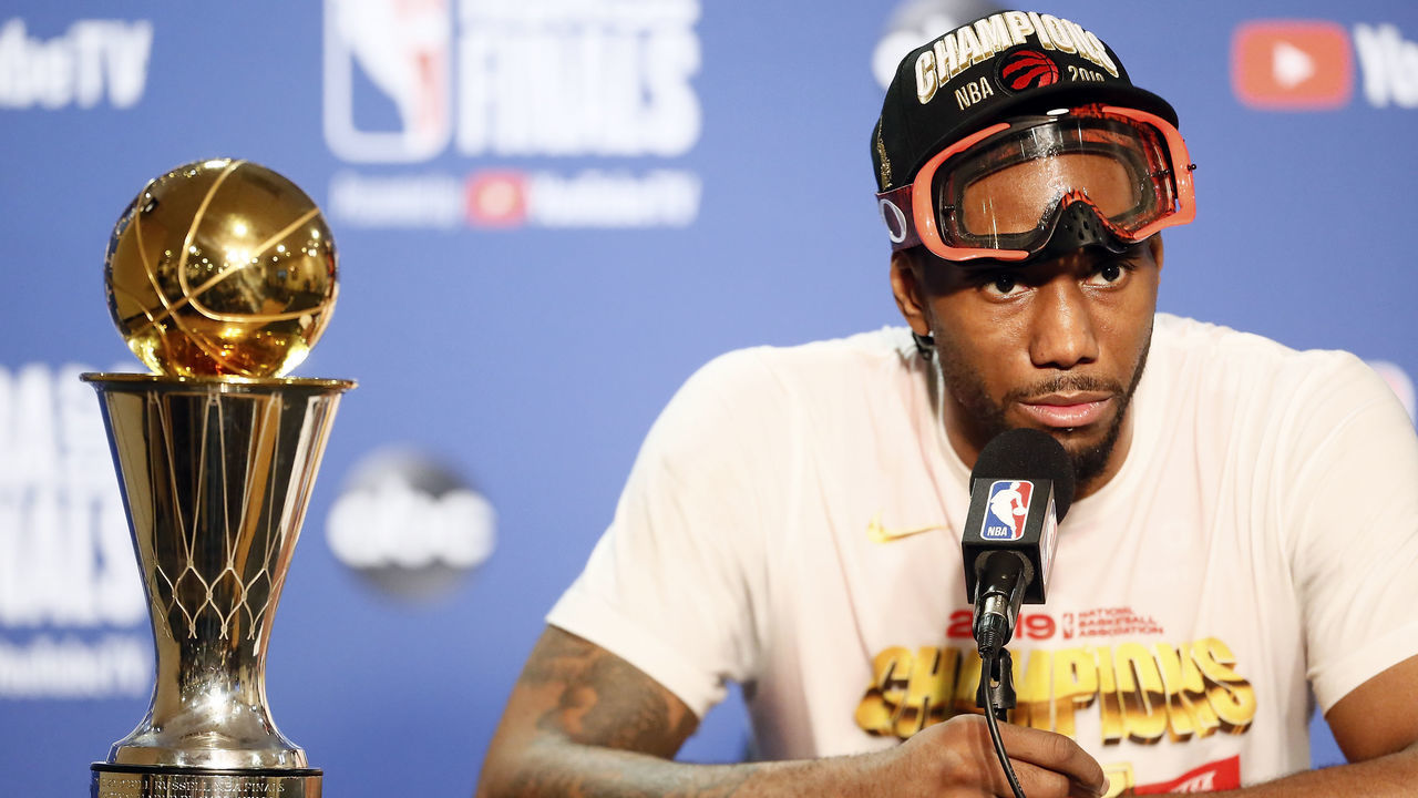 OAKLAND, CA - JUNE 13: Kawhi Leonard #2 of the Toronto Raptors speaks to the media after Game Six of the NBA Finals against the Golden State Warriors on June 13, 2019 at ORACLE Arena in Oakland, California. NOTE TO USER: User expressly acknowledges and agrees that, by downloading and/or using this photograph, user is consenting to the terms and conditions of Getty Images License Agreement. Mandatory Copyright Notice: Copyright 2019 NBAE