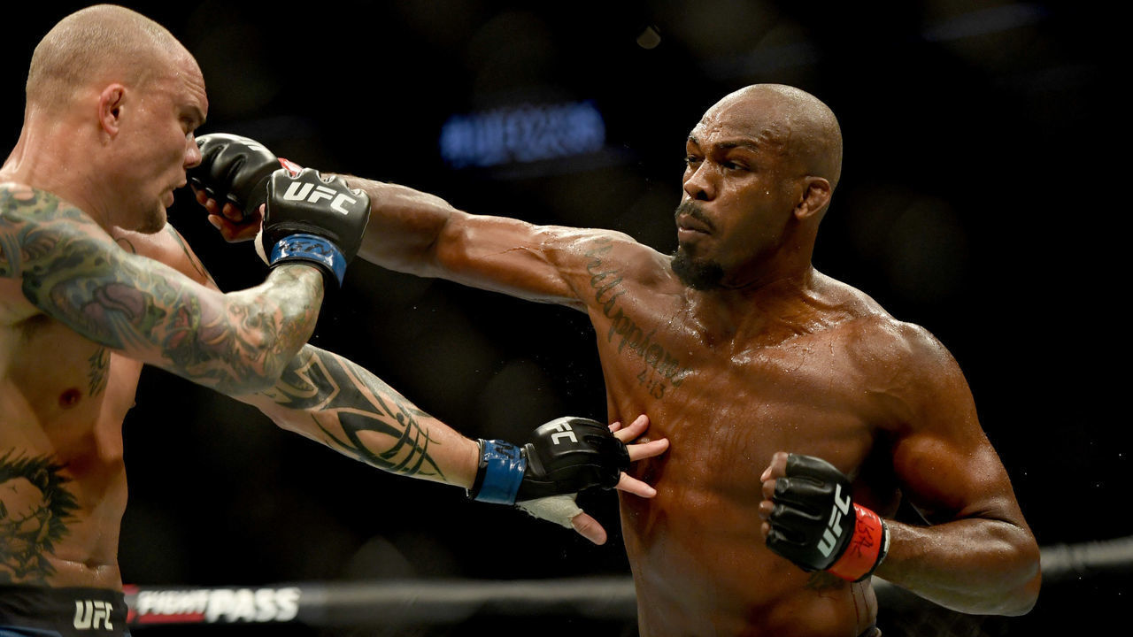 LAS VEGAS, CA - MARCH 02: UFC light heavyweight champion Jon Jones lands a punch to the head of challenger Anthony Smith. Jones defeated Smith via unanimous judges decision during UFC 235 at the T-Mobile Arena in Las Vegas, NV, Saturday, Mar. 2, 2019.