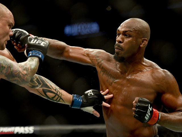 LAS VEGAS, CA - MARCH 02: UFC light heavyweight champion Jon Jones lands a punch to the head of challenger Anthony Smith. Jones defeated Smith via unanimous judges decision during UFC 235 at the T-Mobile Arena in Las Vegas, NV, Saturday, Mar. 2, 2019.