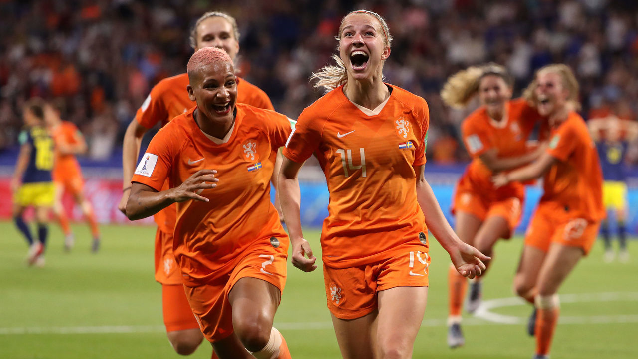 LYON, FRANCE - JULY 03: Jackie Groenen of the Netherlands celebrates after scoring her team's first goal during the 2019 FIFA Women's World Cup France Semi Final match between Netherlands and Sweden at Stade de Lyon on July 03, 2019 in Lyon, France.