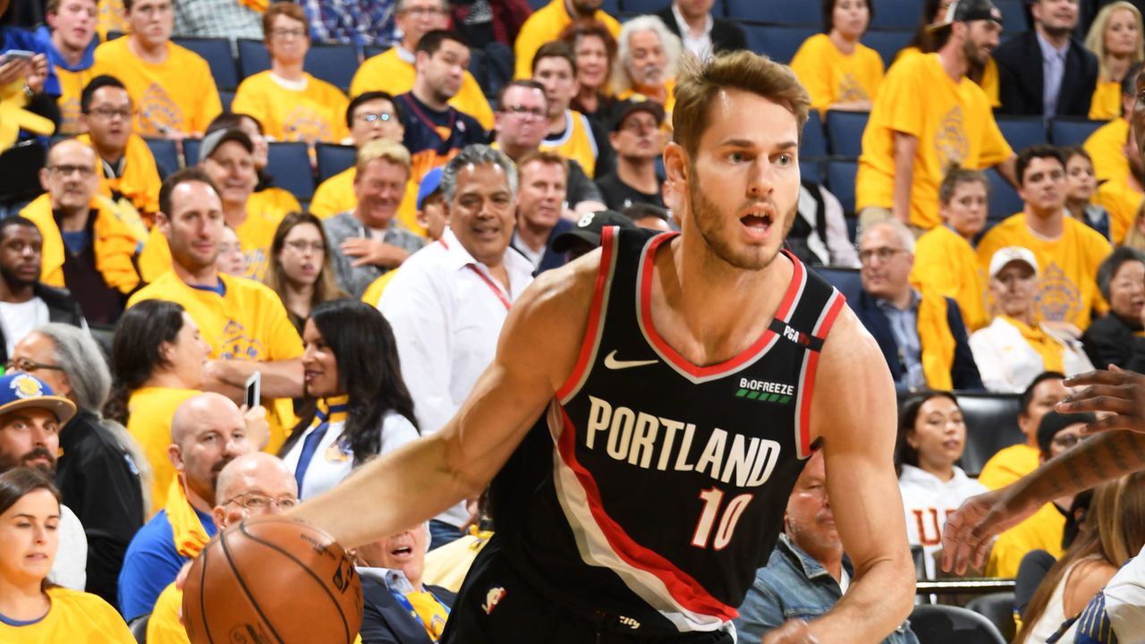 OAKLAND, CA - MAY 14: Jake Layman #10 of the Portland Trail Blazers drives to the basket against the Golden State Warriors during Game One of the 2019 Western Conference Finals of the NBA Playoffs at the ORACLE Arena on May 14, 2019 in Oakland, California. Mandatory Copyright Notice: Copyright 2019 NBAE