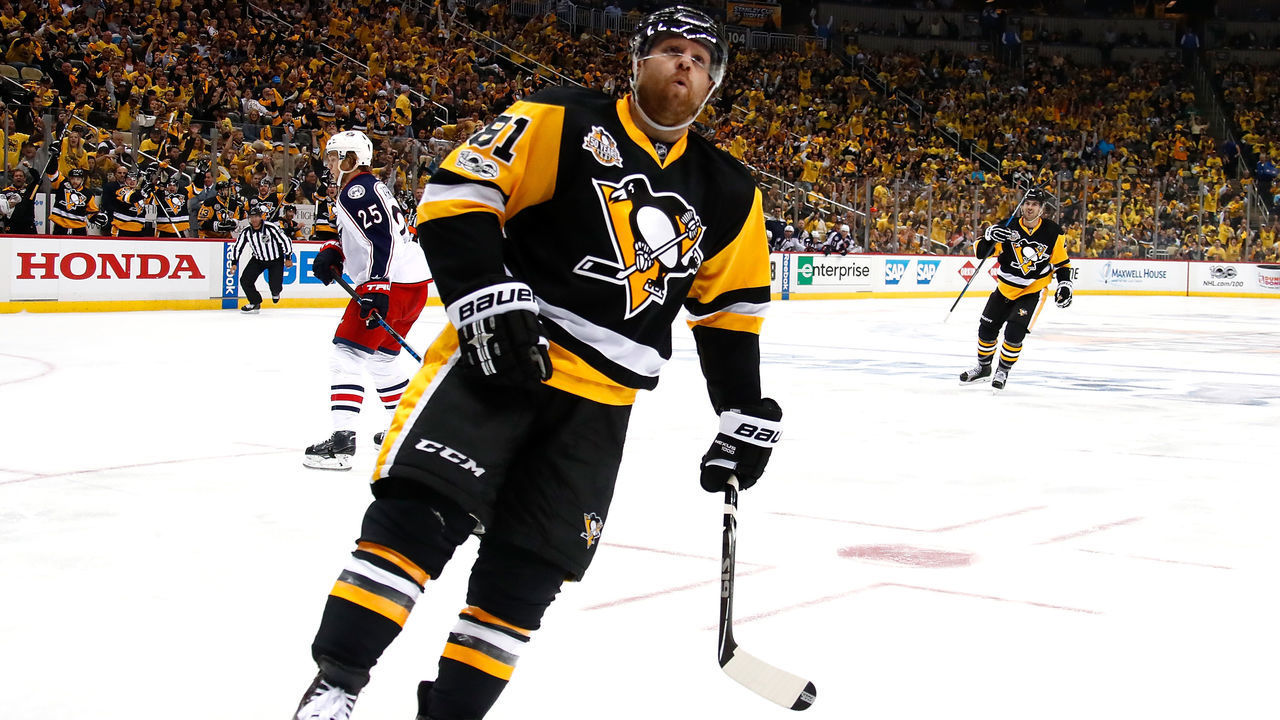 PITTSBURGH, PA - APRIL 12: Phil Kessel #81 of the Pittsburgh Penguins celebrates his second period goal while playing the Columbus Blue Jackets in Game One of the Eastern Conference First Round during the 2017 NHL Stanley Cup Playoffs at PPG Paints Arena on April 12, 2017 in Pittsburgh, Pennsylvania.