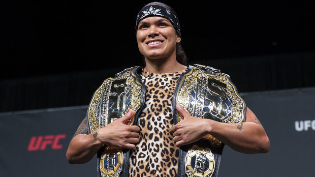 ATLANTA, GA - APRIL 12: Amanda Nunes of Brazil poses for photos during the UFC Seasonal Press Conference at State Farm Arena on April 12, 2019 in Atlanta, Georgia.