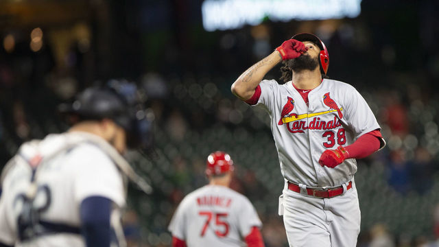 SEATTLE, WA - JULY 02: Jose Martinez #38 of the St. Louis Cardinals crosses home plate after hitting a home run in the sixth inning against the Seattle Mariners at T-Mobile Park on July 2, 2019 in Seattle, Washington.