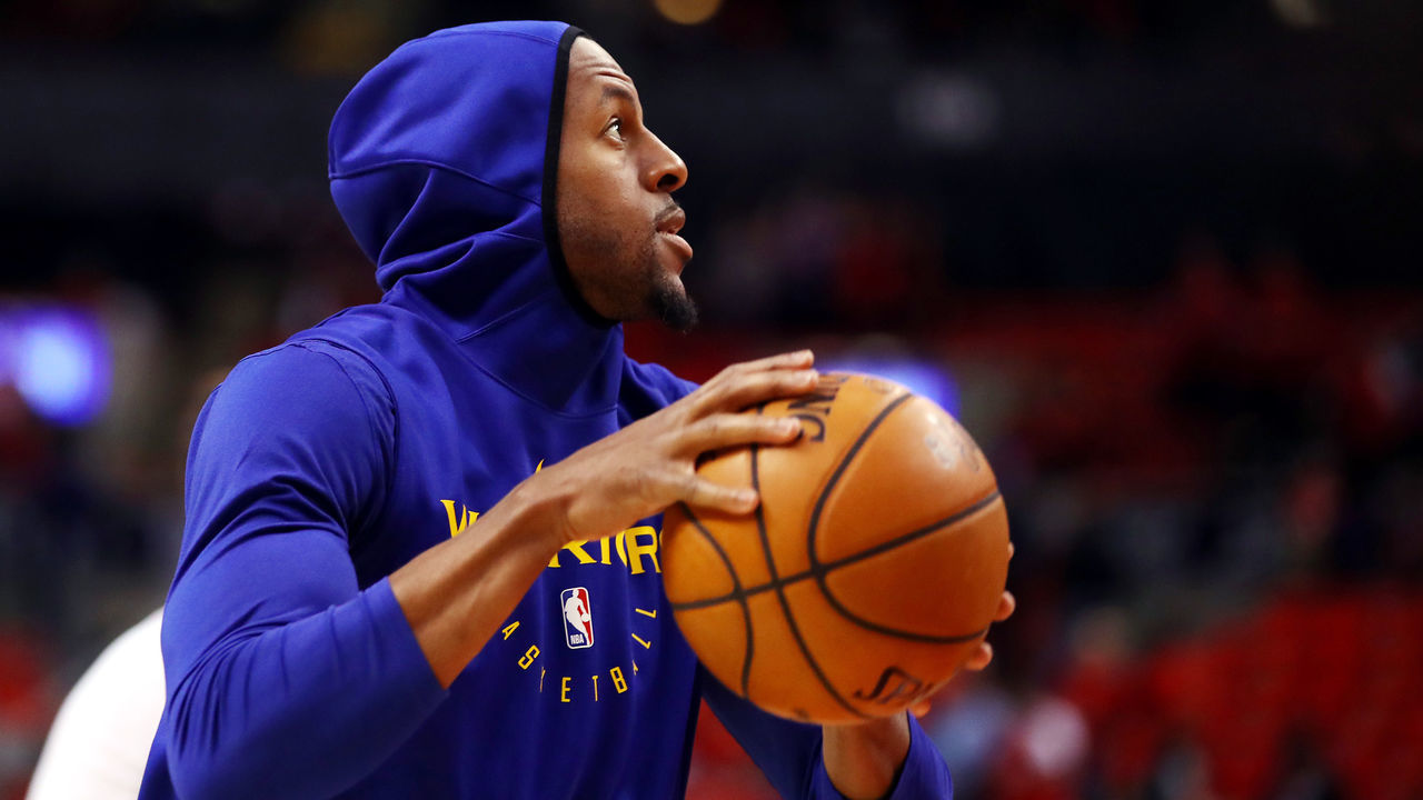 TORONTO, ONTARIO - JUNE 10: Andre Iguodala #9 of the Golden State Warriors warms up before Game Five of the 2019 NBA Finals against the Toronto Raptors at Scotiabank Arena on June 10, 2019 in Toronto, Canada.