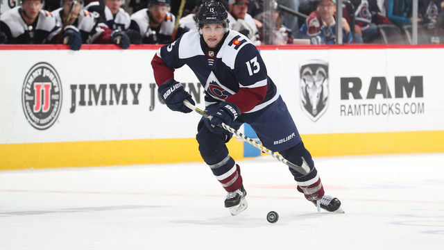 DENVER, CO - FEBRUARY 20: Alexander Kerfoot #13 of the Colorado Avalanche skates against the Winnipeg Jets at the Pepsi Center on February 20, 2019 in Denver, Colorado.