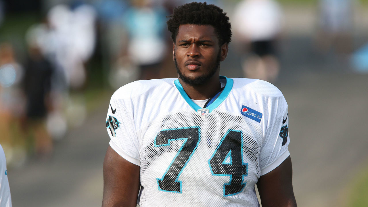 SPARTANBURG, SC - JULY 29: Kendrick Norton (74) defensive tackle Carolina Panthers walks to the practice field at the Carolina Panthers training camp on July 29, 2018 at Wofford College in Spartanburg, S.C.