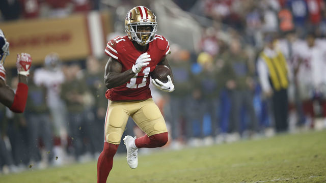 SANTA CLARA, CA - NOVEMBER 11: Marquise Goodwin #11 of the San Francisco 49ers runs after making a reception during the game against the New York Giants at Levi's Stadium on November 11, 2018 in Santa Clara, California. The Giants defeated the 49ers 27-23.