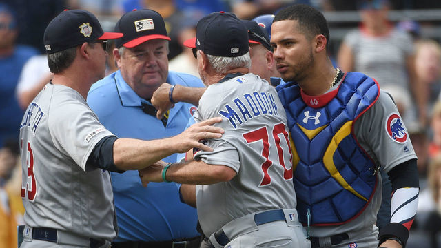 PITTSBURGH, PA - JULY 04: Joe Maddon #70 of the Chicago Cubs argues with umpire Joe West #22 after being ejected in the fourth inning during the game against the Pittsburgh Pirates at PNC Park on July 4, 2019 in Pittsburgh, Pennsylvania.