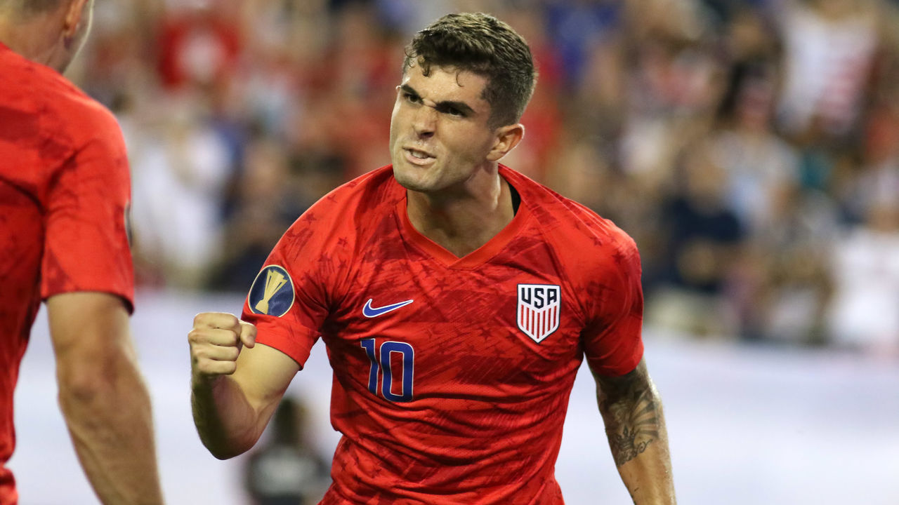 NASHVILLE, TN - JULY 03: United States midfielder Christian Pulisic (10) celebrates a second half goal during the Gold Cup semifinal between Jamaica and the United States on July 3, 2019 at Nissan Stadium in Nashville, Tennessee.