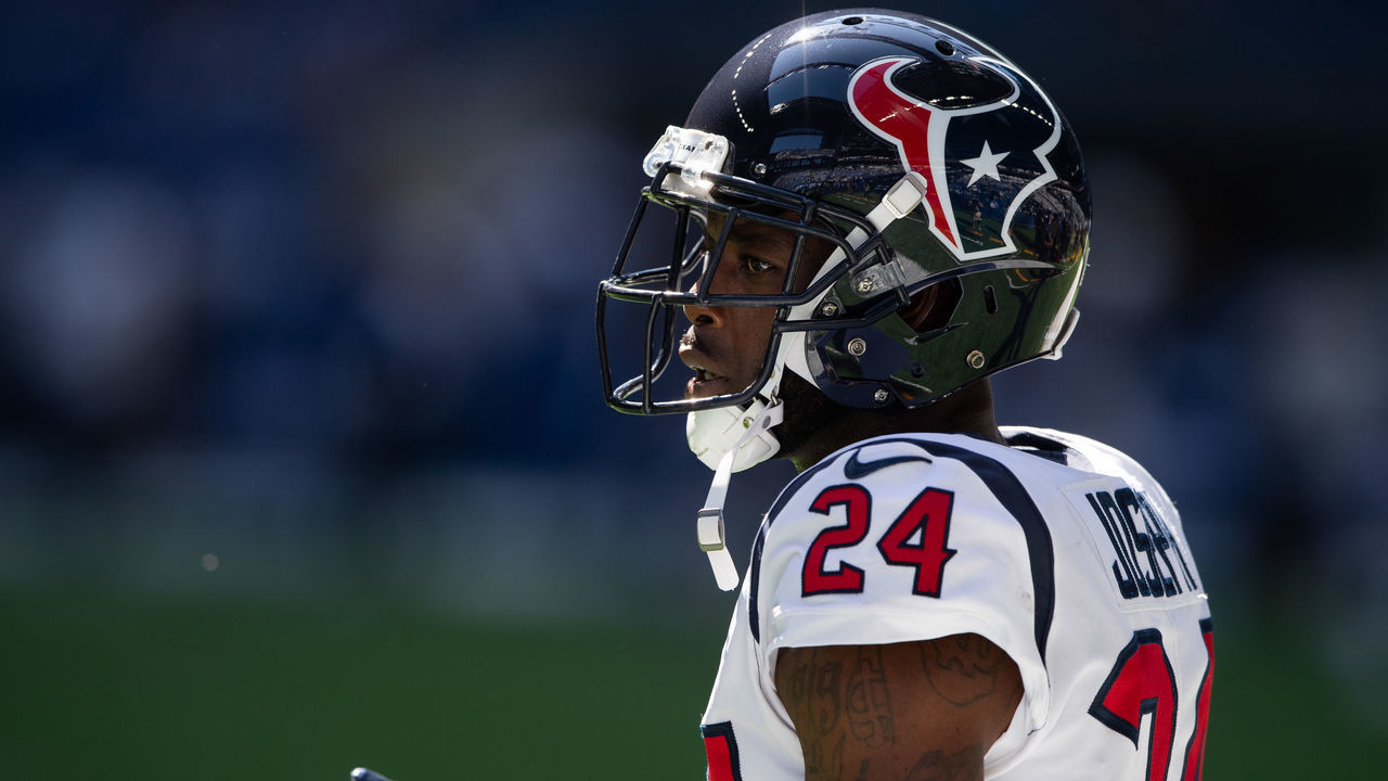 INDIANAPOLIS, IN - SEPTEMBER 30: Houston Texans cornerback Johnathan Joseph (24) warms up on the field before the NFL game between the Indianapolis Colts and Houston Texans on September 30, 2018, at Lucas Oil Stadium in Indianapolis, IN.