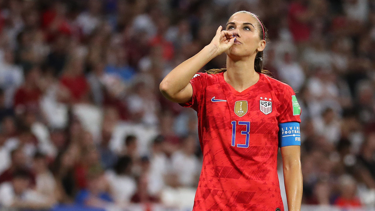 LYON, FRANCE - JULY 02: Alex Morgan of the USA celebrates after scoring her team's second goal during the 2019 FIFA Women's World Cup France Semi Final match between England and USA at Stade de Lyon on July 02, 2019 in Lyon, France.