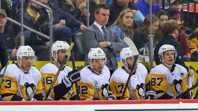 NEWARK, NJ - FEBRUARY 19: Pittsburgh Penguins head coach Mike Sullivan during the second period of the National Hockey League game between the New Jersey Devils and the Pittsburgh Penguins on February 19, 2019 at the Prudential Center in Newark, NJ.