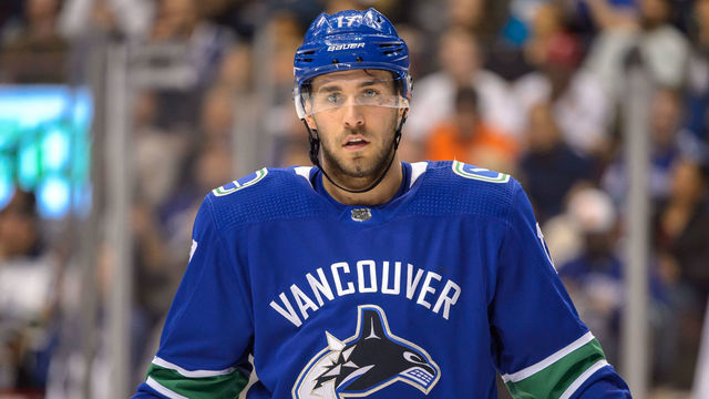 VANCOUVER, BC - MARCH 28: Vancouver Canucks Left Wing Josh Leivo (17) waits for a face-off during their NHL game against the Los Angeles Kings at Rogers Arena on March 28, 2019 in Vancouver, British Columbia, Canada. Vancouver won 3-2 in a shootout.