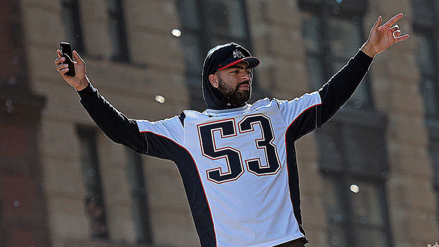 BOSTON, MA. - FEBRUARY 5: Dont'a Hightower #54 uses his phone to video Kyle Van Noy #53 and Ja'Whaun Bentley #51 of the New England Patriots celebrate as they pass by fans during the Super Bowl parade on February 5, 2019 in Boston, Massachusetts. (Staff Photo By Matt Stone/MediaNews Group/Boston Herald via Getty Images)