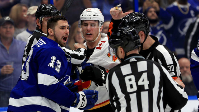 TAMPA, FLORIDA - FEBRUARY 12: Cedric Paquette #13 of the Tampa Bay Lightning reacts to a penalty during a game against the Calgary Flames at Amalie Arena on February 12, 2019 in Tampa, Florida.