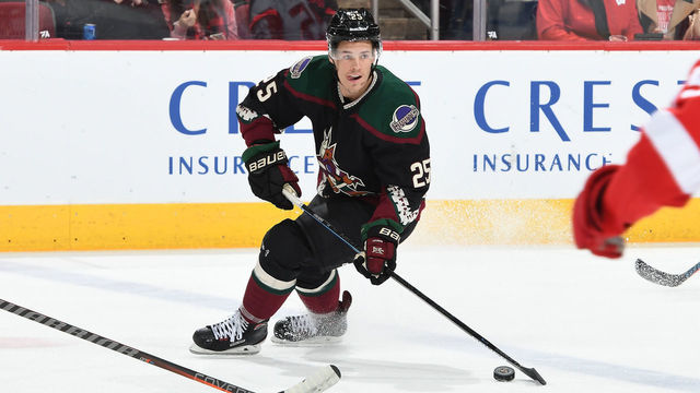 GLENDALE, AZ - MARCH 02: Nick Cousins #25 of the Arizona Coyotes skates the puck up ice against the Detroit Red Wings at Gila River Arena on March 2, 2019 in Glendale, Arizona.