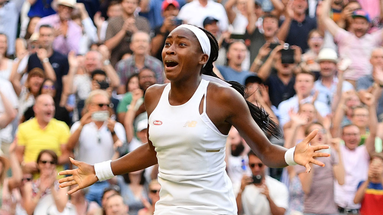 US player Cori Gauff celebrates beating Slovenia's Polona Hercog during their women's singles third round match on the fifth day of the 2019 Wimbledon Championships at The All England Lawn Tennis Club in Wimbledon, southwest London, on July 5, 2019.