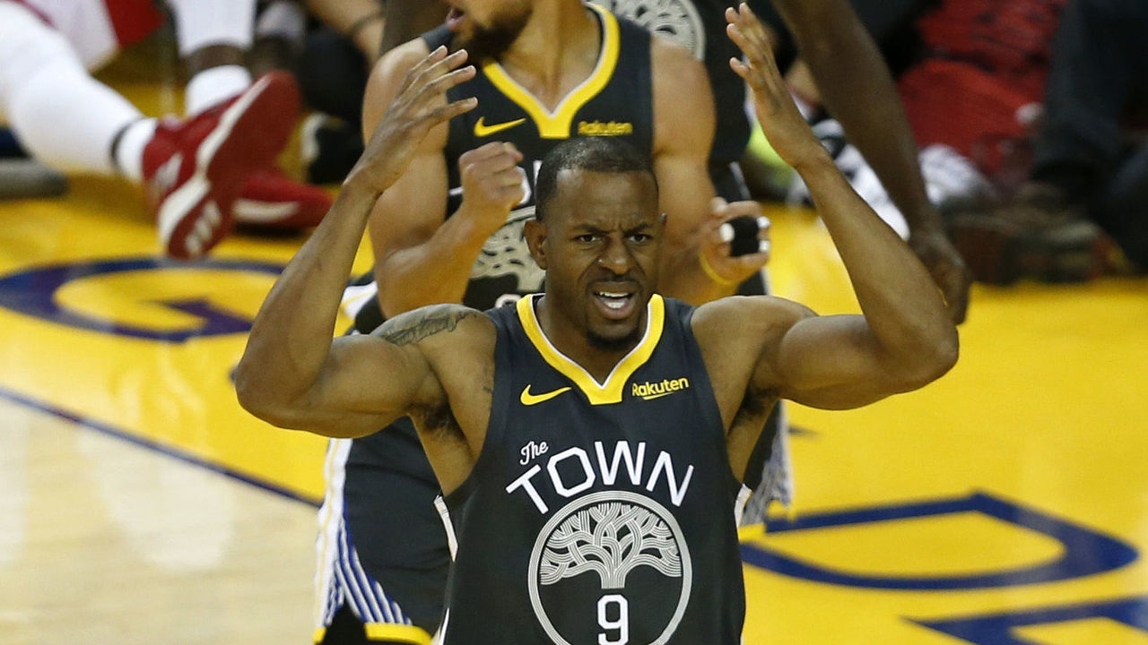 OAKLAND, CALIFORNIA - JUNE 13: Andre Iguodala #9 of the Golden State Warriors reacts against the Toronto Raptors in the second half during Game Six of the 2019 NBA Finals at ORACLE Arena on June 13, 2019 in Oakland, California.