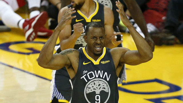OAKLAND, CALIFORNIA - JUNE 13: Andre Iguodala #9 of the Golden State Warriors reacts against the Toronto Raptors in the second half during Game Six of the 2019 NBA Finals at ORACLE Arena on June 13, 2019 in Oakland, California.