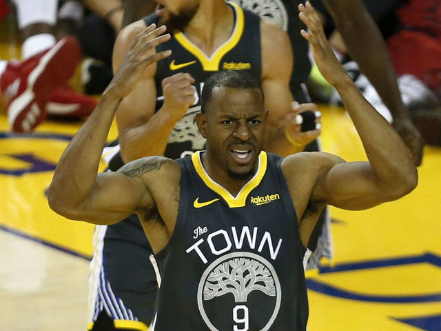 OAKLAND, CALIFORNIA - JUNE 13: Andre Iguodala #9 of the Golden State Warriors reacts against the Toronto Raptors in the second half during Game Six of the 2019 NBA Finals at ORACLE Arena on June 13, 2019 in Oakland, California.