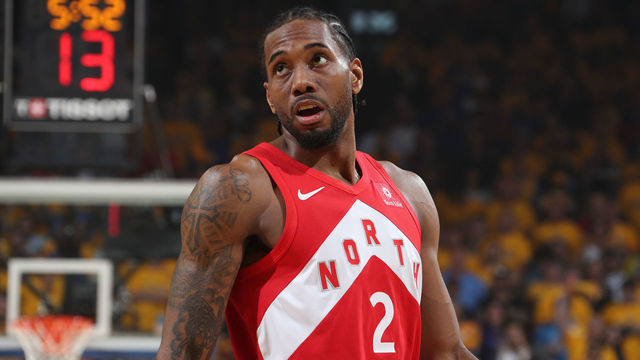 OAKLAND, CA - JUNE 13: Kawhi Leonard #2 of the Toronto Raptors looks on against the Golden State Warriors during Game Six of the 2019 NBA Finals on June 13, 2019 at ORACLE Arena in Oakland, California. NOTE TO USER: User expressly acknowledges and agrees that, by downloading and/or using this photograph, user is consenting to the terms and conditions of Getty Images License Agreement. Mandatory Copyright Notice: Copyright 2019 NBAE