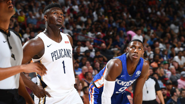 Las Vegas, NV - JULY 5: Zion Williamson #1 of the New Orleans Pelicans and RJ Barrett #9 of the New York Knicks are seen during Day 1 of the 2019 Las Vegas Summer League on July 5, 2019 at the Thomas & Mack Center in Las Vegas, Nevada. Mandatory Copyright Notice: Copyright 2019 NBAE