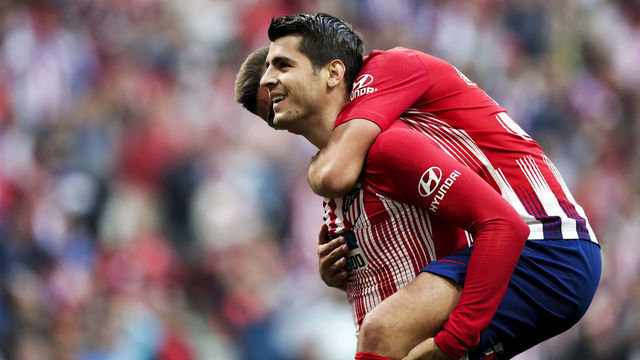 MADRID, SPAIN - APRIL 13: (L-R) Alvaro Morata of Atletico Madrid, Francisco Montero of Atletico Madrid celebrates goal 2-0 during the La Liga Santander match between Atletico Madrid v Celta de Vigo at the Estadio Wanda Metropolitano on April 13, 2019 in Madrid Spain