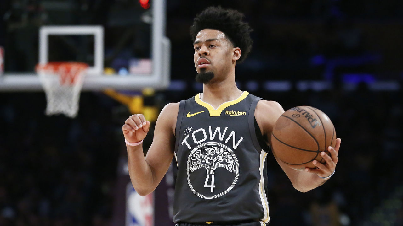 LOS ANGELES, CA - APRIL 4: Quinn Cook (4) of the Golden State Warriors brings the ball up court during a game against the Los Angeles Lakers on April 4, 2019 at STAPLES Center in Los Angeles, California. NOTE TO USER: User expressly acknowledges and agrees that, by downloading and/or using this Photograph, user is consenting to the terms and conditions of the Getty Images License Agreement. Mandatory Copyright Notice: Copyright 2019 NBAE