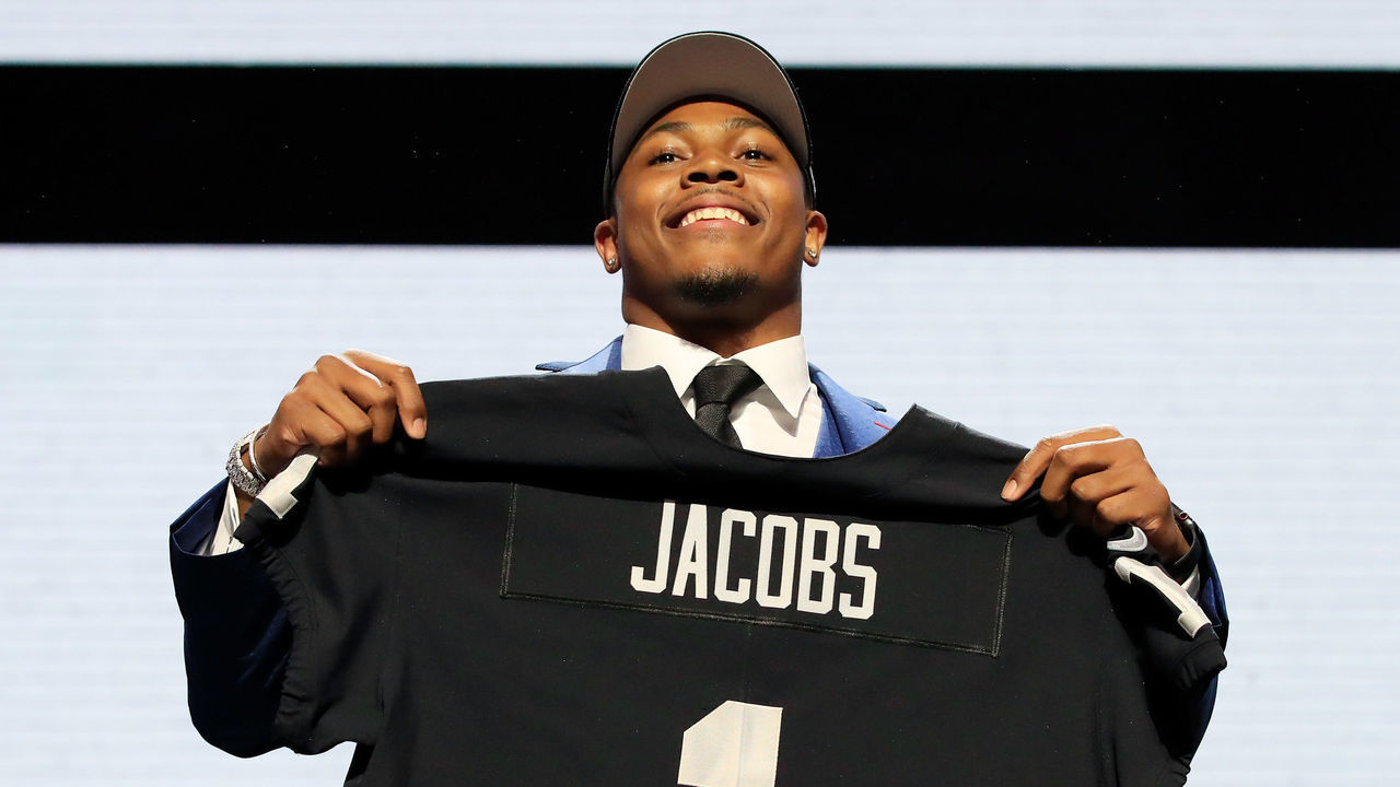 NASHVILLE, TENNESSEE - APRIL 25: Josh Jacobs of Alabama reacts after being chosen #24 overall by the Oakland Raiders during the first round of the 2019 NFL Draft on April 25, 2019 in Nashville, Tennessee.
