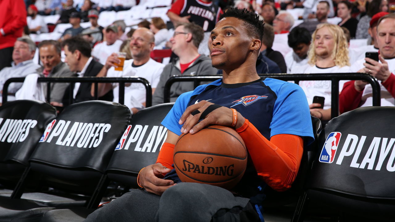 PORTLAND, OR - APRIL 23: Russell Westbrook #0 of the Oklahoma City Thunder looks on before Game Five of Round One of the 2019 NBA Playoffs against the Portland Trail Blazers on April 23, 2019 at the Moda Center in Portland, Oregon. Mandatory Copyright Notice: Copyright 2019 NBAE