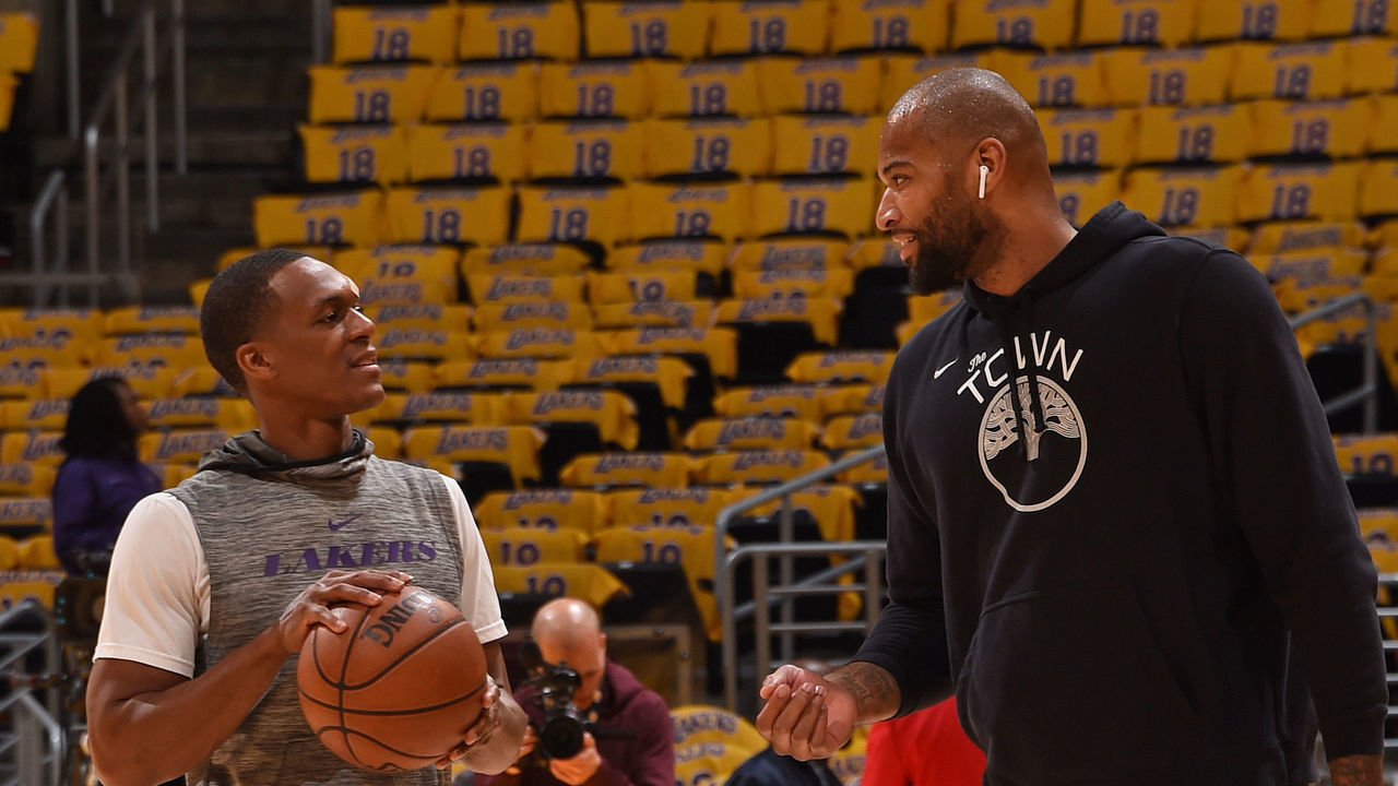 LOS ANGELES, CA - APRIL 4: Rajon Rondo #9 of the Los Angeles Lakers chats with DeMarcus Cousins #0 of the Golden State Warriors prior to the game on April 4, 2019 at STAPLES Center in Los Angeles, California. NOTE TO USER: User expressly acknowledges and agrees that, by downloading and/or using this Photograph, user is consenting to the terms and conditions of the Getty Images License Agreement. Mandatory Copyright Notice: Copyright 2019 NBAE