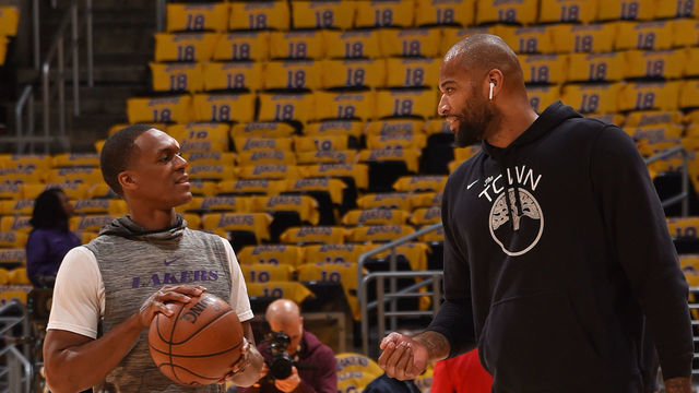 LOS ANGELES, CA - APRIL 4: Rajon Rondo #9 of the Los Angeles Lakers chats with DeMarcus Cousins #0 of the Golden State Warriors prior to the game on April 4, 2019 at STAPLES Center in Los Angeles, California. NOTE TO USER: User expressly acknowledges and agrees that, by downloading and/or using this Photograph, user is consenting to the terms and conditions of the Getty Images License Agreement. Mandatory Copyright Notice: Copyright 2019 NBAE
