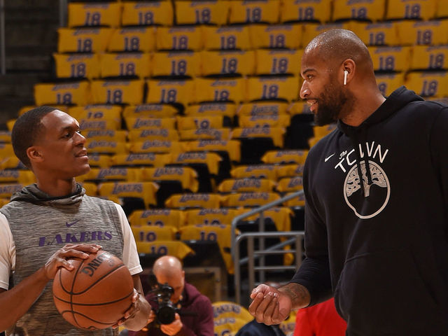 LOS ANGELES, CA - APRIL 4: Rajon Rondo #9 of the Los Angeles Lakers chats with DeMarcus Cousins #0 of the Golden State Warriors prior to the game on April 4, 2019 at STAPLES Center in Los Angeles, California. NOTE TO USER: User expressly acknowledges and agrees that, by downloading and/or using this Photograph, user is consenting to the terms and conditions of the Getty Images License Agreement. Mandatory Copyright Notice: Copyright 2019 NBAE