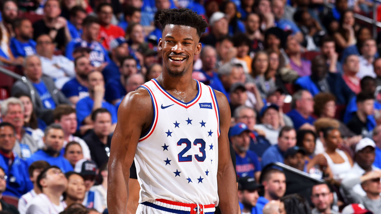 PHILADELPHIA, PA - MAY 2: Jimmy Butler #23 of the Philadelphia 76ers smiles during a game against the Toronto Raptors during Game Three of the Eastern Conference Semifinals on May 2, 2019 at the Wells Fargo Center in Philadelphia, Pennsylvania NOTE TO USER: User expressly acknowledges and agrees that, by downloading and/or using this Photograph, user is consenting to the terms and conditions of the Getty Images License Agreement. Mandatory Copyright Notice: Copyright 2019 NBAE