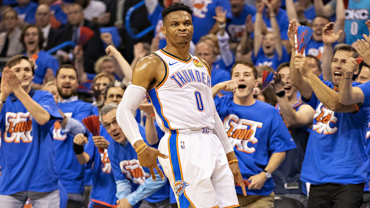 OKLAHOMA CITY, OK - APRIL 21: Russell Westbrook #0 of the Oklahoma City Thunder celebrates after making a three point shot during a game against the Portland Trail Blazers during Round One Game Three of the 2019 NBA Playoffs on April 21, 2019 at Chesapeake Energy Arena in Oklahoma City, Oklahoma