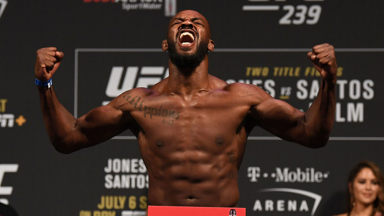 LAS VEGAS, NEVADA - JULY 05: Jon Jones poses on the scale during the UFC 235 weigh-in at T-Mobile Arena on July 5, 2019 in Las Vegas, Nevada.