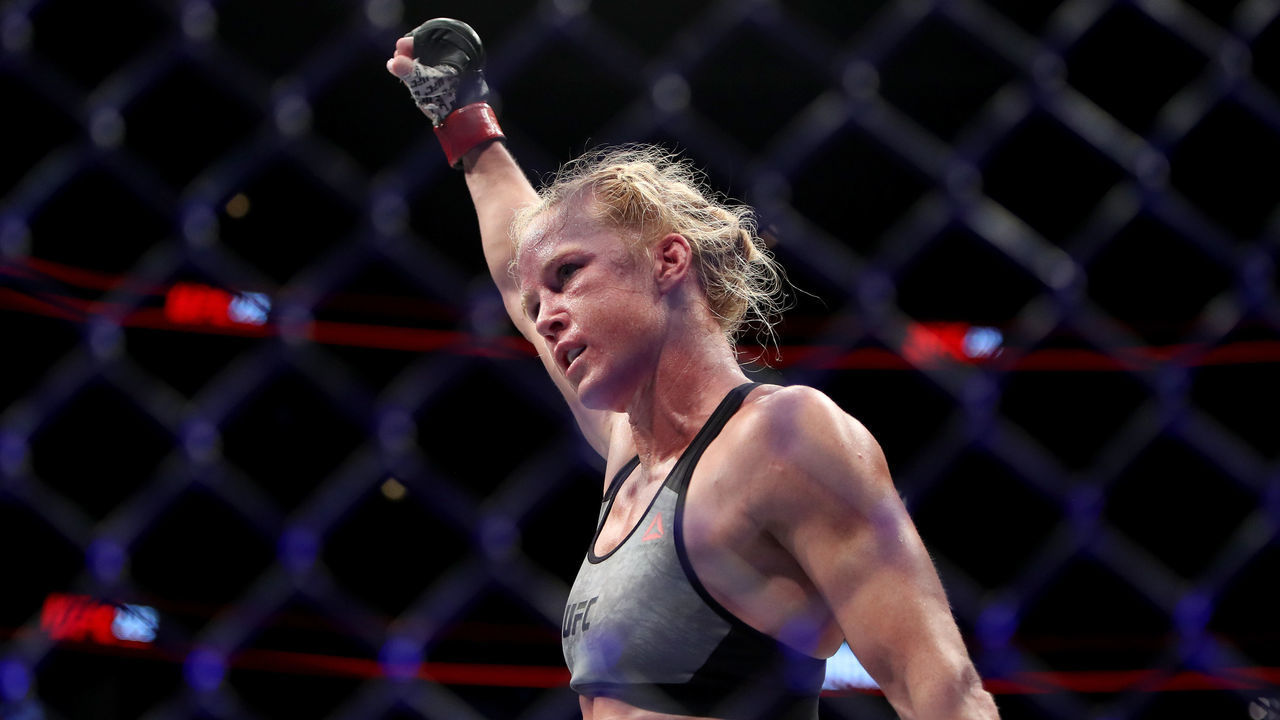 CHICAGO, IL - JUNE 09: Holly Holm reacts at the end of her featherweight bout against Megan Anderson of Australia during the UFC 225: Whittaker v Romero 2 event at the United Center on June 9, 2018 in Chicago, Illinois.