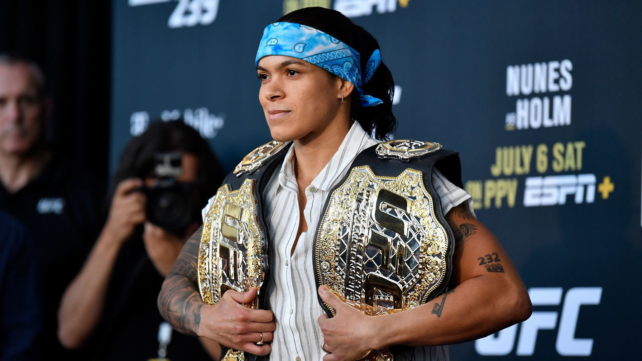 LAS VEGAS, NEVADA - JULY 04: Amanda Nunes of Brazil poses for the media during the UFC 239 Ultimate Media Day at T-Mobile Arena on July 4, 2019 in Las Vegas, Nevada.